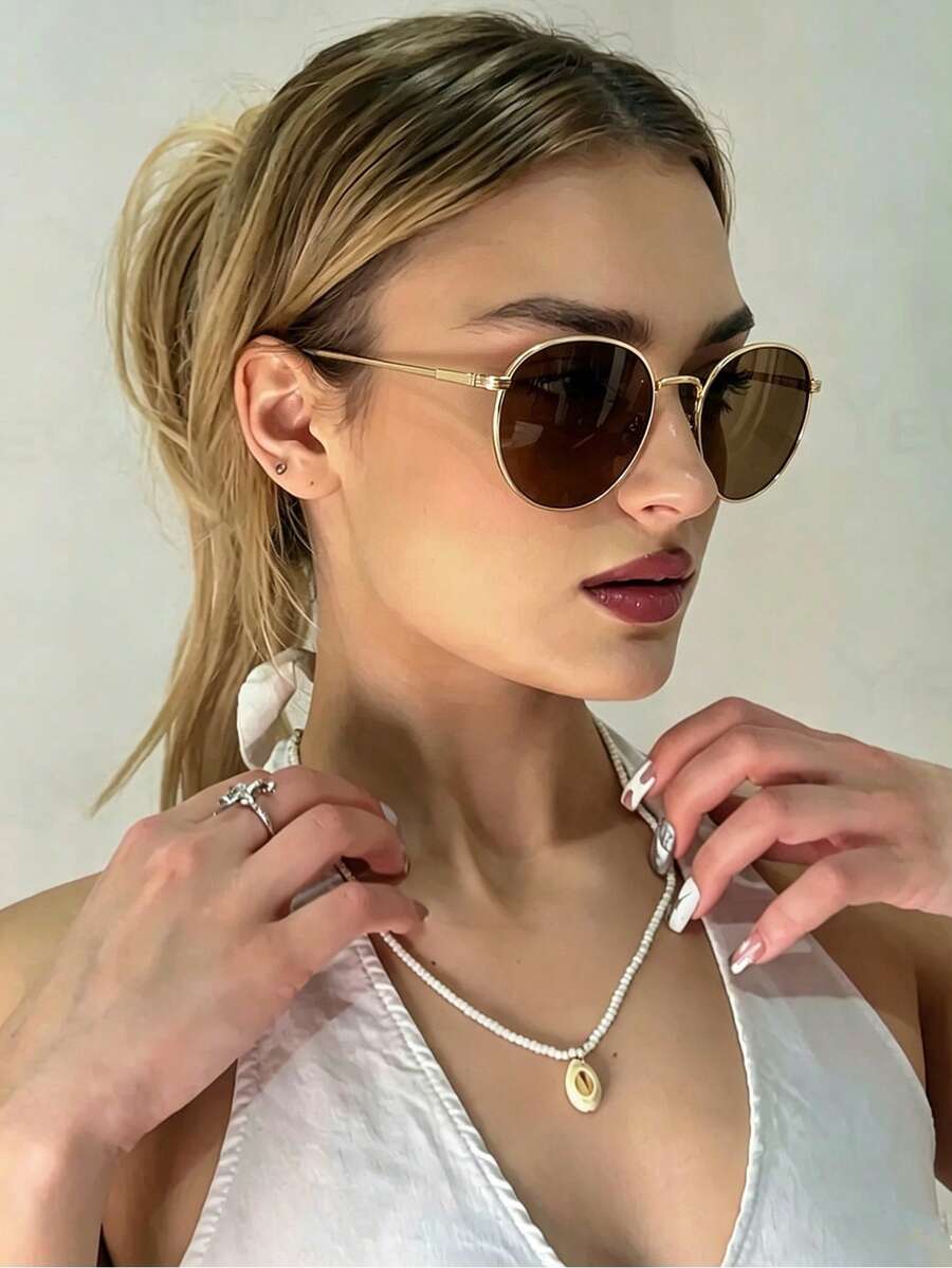 1 Pair Elegant Round Oversized Fashion Glasses, Vintage Personalized Casual Versatile Women's Eyewear, Suitable For Daily Wear, Street Photography, Vacation, Travel, Summer Beach Holiday, Outdoor, Travel Beach Accessory - Gold - View 1