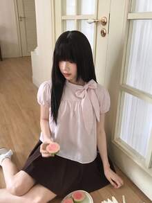 Korean Style Sweet Bow Tie Short Sleeve Blouse, Loose & Slimming, Elegant Summer Top For Women Pink - Pink - View 5