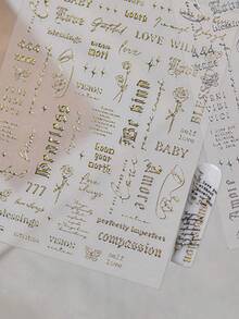 1 Sheet 3D Hot Stamping Vintage English Nail Art Stickers, Featuring Multi-Font Cursive Phrases, Roses, Butterflies And Minimalist Line Patterns, DIY Nail Decorations - 金色 - 查看 1