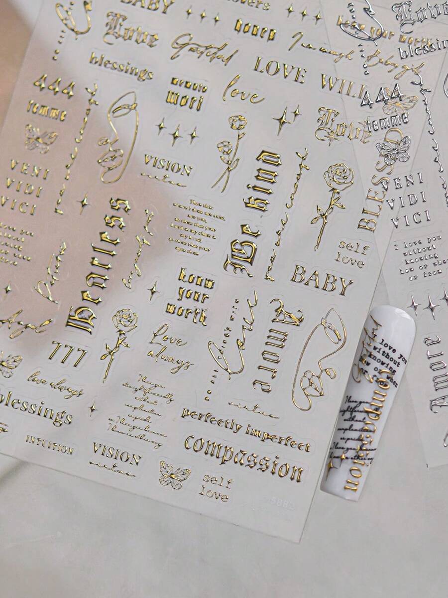 1 Sheet 3D Hot Stamping Vintage English Nail Art Stickers, Featuring Multi-Font Cursive Phrases, Roses, Butterflies And Minimalist Line Patterns, DIY Nail Decorations - 金色 - 查看 1