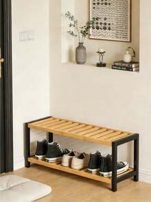 1pc 2/3-Tier Wooden Shoe Rack With Metal Frame, Economical Shoe Shelf, Space Saving, Sturdy And Durable, Movable, Suitable For Corridor, Entryway And Dormitory, Household Shoe Cabinet, Shoe Rack - Multicolor - View 2