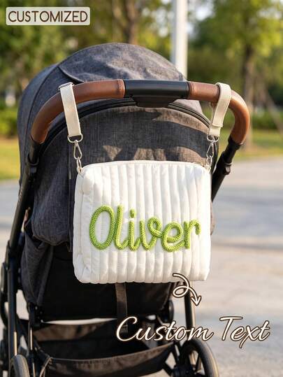 Customized Text Name Quilted Stroller Hanging Bag, Ins Style Soft Knitted Embroidered Baby Storage Bag, Portable Mom Travel Bag, Airport Passport Organizer