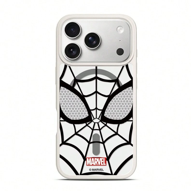Miniso Funda protectora personalizada creativa de telaraña de Spider-Man de Marvel con carga magnética MagSafe compatible con Apple 17 Pro Max/iPhone 17/18 Pro/18 Pro Max/16 Pro/15/14/13/17 Air/12/16 Pro/15 Plus, funda protectora anti-caídas para estudiantes compatible con Apple - Blanco - Ver 1