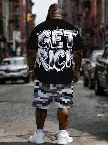 Men's 2-Piece Outfit, Plus Size, Men's Shorts, Men's Patterned Shirt, Streetwear "Hip Hop Men, Black + Gray Camouflage" Pattern Sports Set - Polyester Fabric, Drawstring, Pockets, Suitable For Plus Size Body - black gray - View 3