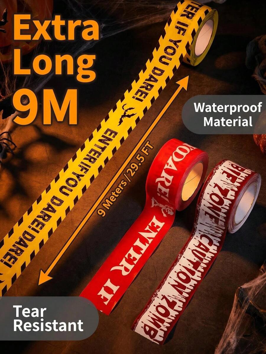 9-Meter Halloween-Themed Warning Tape, Outdoor Garden Safety Line Decoration, Warning Pattern, Suitable For Garden Decoration, Outdoor Decoration, Home Decoration, Halloween Decoration, Horror Scene. - View 1