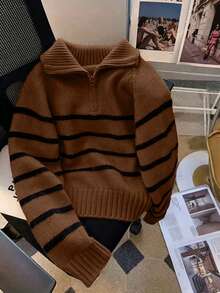 Women's Fall Striped Colorblock Collared Knit Pullover Sweater - Mocha Brown - View 1