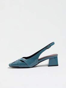 French Style Closed Toe New Elegant Solid Color Low Vamp Women's Chunky Heel Sandals - Dusty Blue - View 4