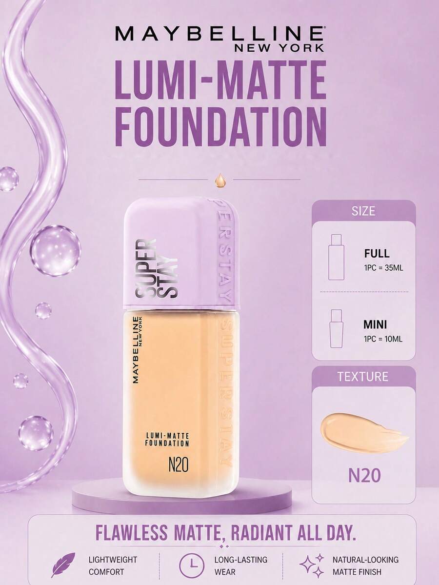 Maybelline 美寶琳長效透明底妝 #N20，正裝 35ml/試用裝 10ml，輕盈持久、抗汗、霧面妝效、有效遮瑕，適合中性至淺膚色