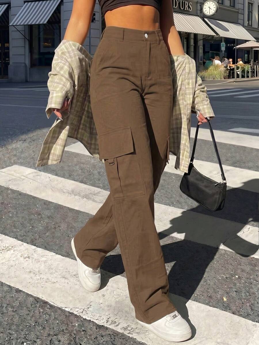 Women Pants Tombol Kantong Zip Plain Casual - Coffee Brown - View 1