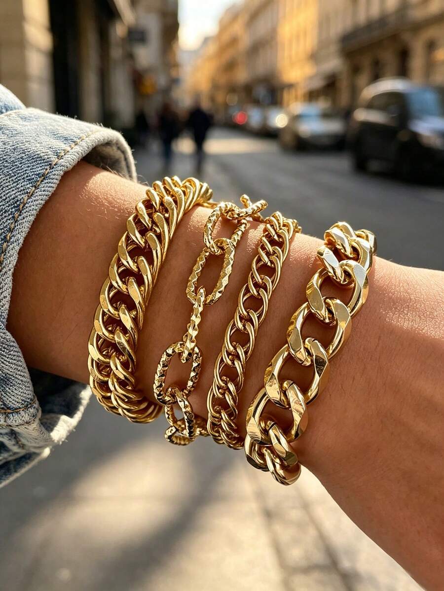 4pcs/Set Punk Style Chunky Chain Bracelet, Fashion Minimalist Line Women's Accessories, Versatile Personalized Jewelry Bracelet Suitable For Daily Wear, Party, Gathering And Music Festival - Gold - View 1