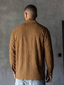 男士長袖條紋襯衫，休閒時尚設計，春秋日常穿著 - 卡其色 - 查看 5