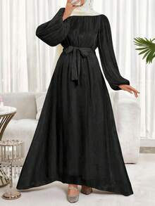 Vestido de mujer de cuello redondo, manga farol y estilo árabe de un solo color - Negro - Ver 1
