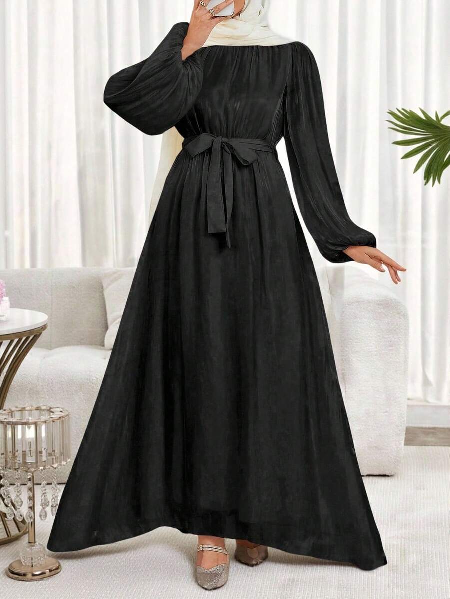 Vestido de mujer de cuello redondo, manga farol y estilo árabe de un solo color - Negro - Ver 1