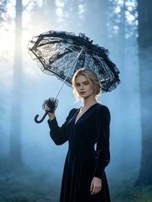 Black Lace Umbrella + Lace Fan With Hanging Pendant, For Festivals. Gothic Style Halloween Accessories In Black, Perfect For Bridal Parties. - Multicolor - View 8