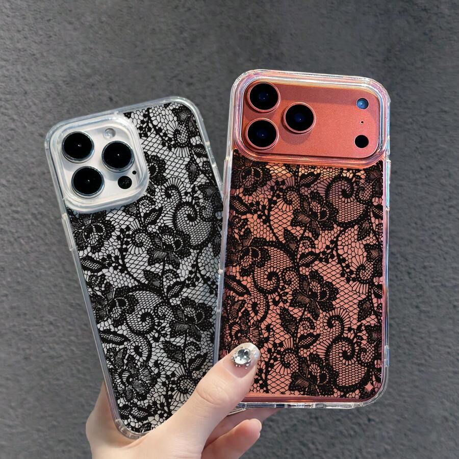 HANCAI 1pc Pure Black Vintage Lace Rose Mesh Transparent Full Coverage Shockproof Phone Case, High-End Cold Chic Minimalist Sexy Niche Hot Girl Versatile Protective Cover, Compatible With IPhone17/17Pro/17ProMax/16/11/16Plus/16ProMax/16e/15ProMax/13/14/12/14ProMax/12ProMax/13ProMax/12Pro/13Pro/14Pro - Color Silver Transparent - View 1