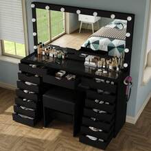 FUSOU 15 Drawers Dressing Table With Power Outlet, Makeup Vanity With  Mirror And 13 LED Lights, 3 Color Modes, Adjustable Brightness, Glass Top Vanity For Dressing Room Bedroom - Black - View 5