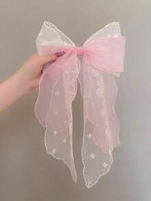 1pc Sweet Cute Holiday Party Pink Mesh Printed Bow Ribbon Spring Clip - Pink - View 3