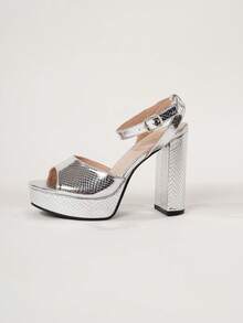Sandalias de tacón grueso con textura metálica y correa de tobillo, sandalias de tacón alto con hebilla plateada y piel de serpiente para mujer, zapatos de tacón alto con suela gruesa para mujer - Plateado - Ver 11