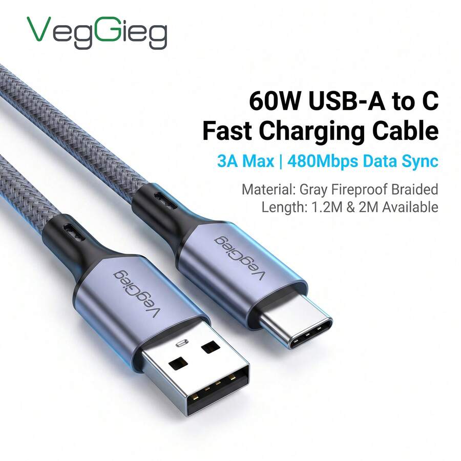 VegGieg USB-A To USB-C 60W Fast Charging Cable 3A Braided Data Cord For IPhone 15-17 CarPlay HiCar 480Mbps Transfer Anti-Break Durable 1.2m/2m - View 1