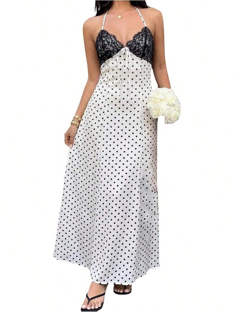 Women's Polka Dot Halter Dress Satin Backless Midi Dress With Lace Bodice Adjustable Tie Front Summer Vacation Beach Party Outfits - White - View 1