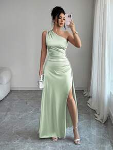 Vestido de noche largo y sexy para mujer con un hombro, cintura fruncida y abertura alta, de satén de lujo, nuevo para el verano de 2026 - verde menta - Ver 1