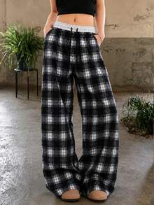 Y2K Decadent Style Wide Leg Pants Women Contrast Color Waistband Drawstring Long Pants Casual Sports Pants - Black - View 1