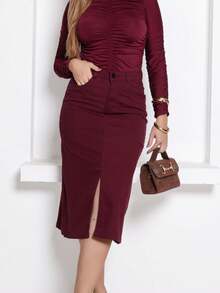 Women's Long Denim Skirt, Flared, High-Waisted, Elegant, Distressed Hem, Burgundy - 酒紅色 - 查看 3