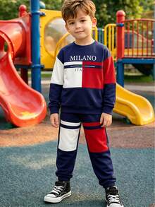 Boys' Spring/Autumn Outfit, Colorblock Letter Print Long Sleeve Top + Casual Jogger Pants, Suitable For 8-12 Years Old - Royal Blue - View 5