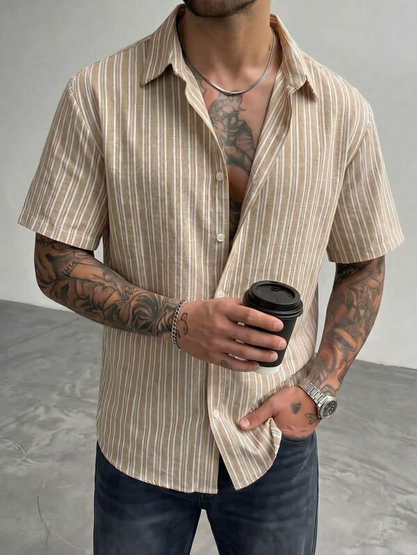 Men's Turn-Down Collar Short Sleeve Single-Breasted Shirt, Khaki White Fine Vertical Striped Textured Casual Top, Old Money Quiet Luxury Minimalist Clean Fit, Earth Tone Coastal Vacation Light Business Commute Street Style, Soft Fabric Lightweight Breathable Daily Coffee Date Beach Short Trip Summer Versatile