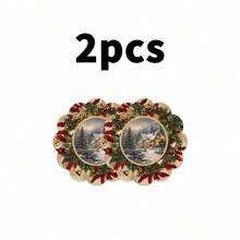2/4/600入聖誕派對圓形餐墊－雪景、木屋、冬青與一品紅花環、金色鈴鐺；13.78英吋亞麻材質；防滑、耐熱且可機洗 - 彩色 - 查看 11