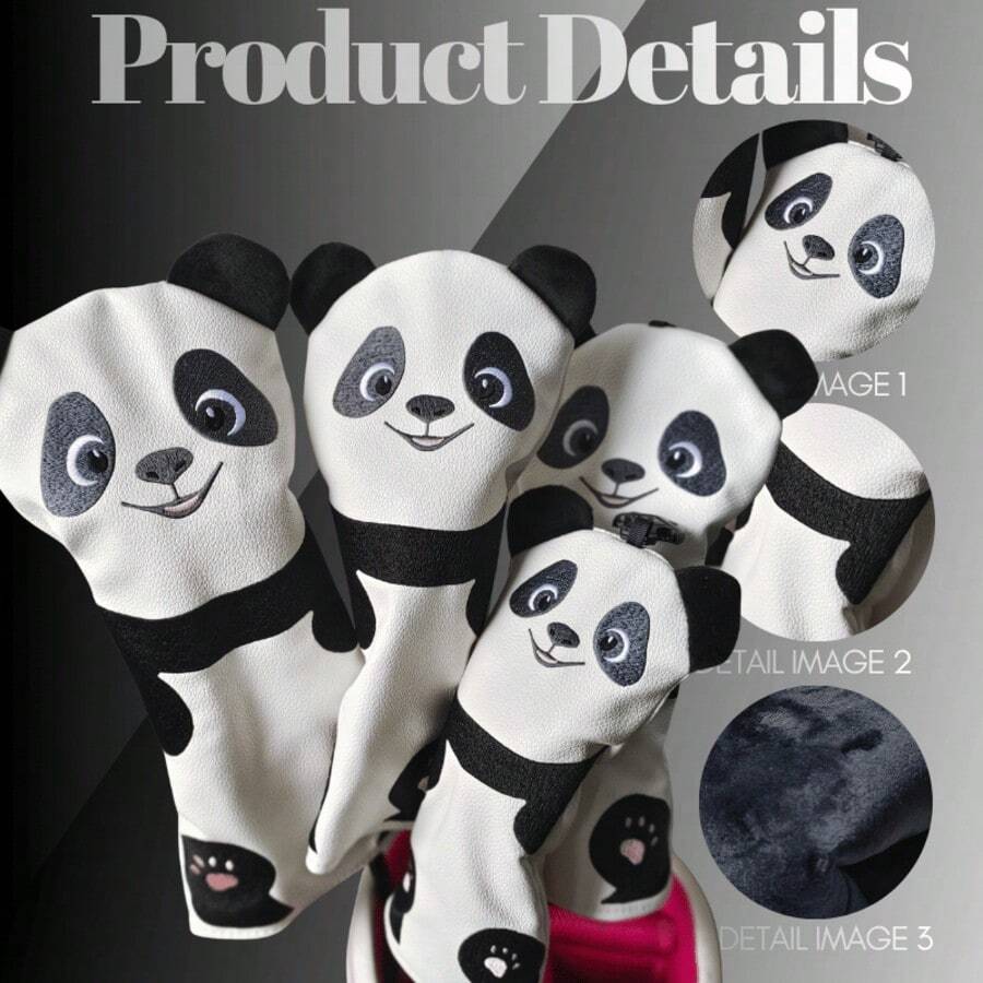 Chinese Style Cartoon Cute Giant Panda Golf Club Headcover, 3D Panda Ears, Exquisite Embroidered Pattern, Lychee Texture PU, Shock-Absorbing Headcover For Field Use - White - View 1