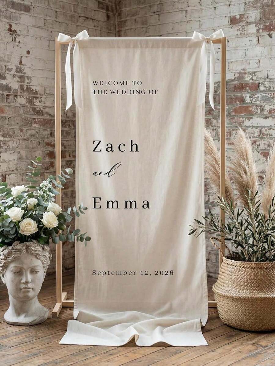 Cartel de Bienvenida Personalizado para Boda | Pancarta de Tela Vertical para Boda | Fondo Personalizado con Nombre & Fecha | Decoración Rústica para Ceremonia al Aire Libre - Multicolor - Ver 1