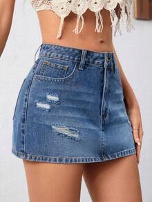 Minifalda vaquera casual y versátil para mujer con bolsillos y diseño desgastado con botones, adecuada para citas y salidas EG3C - Azul lavado medio 2 - Ver 1