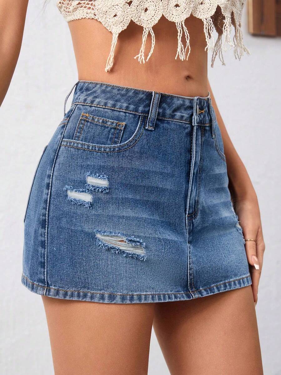 Minifalda vaquera casual y versátil para mujer con bolsillos y diseño desgastado con botones, adecuada para citas y salidas EG3C - Azul lavado medio 2 - Ver 1