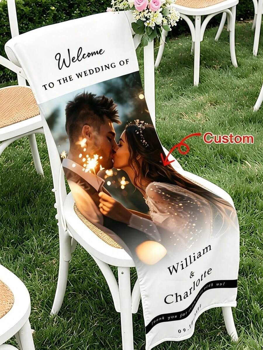 Custom Wedding Chair Decor Banner - Personalized Photo/Text - Exquisite Design, Suitable For Wedding Arch, Guest Chairs, Engagement Party, Anniversary, Easy To Install, Commemorative Sign For Guests, Suitable For Lawn, Garden, Living Room, Birthday - Multicolor - View 1