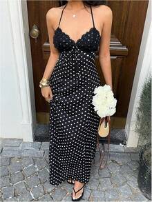 Women's Polka Dot Halter Dress Satin Backless Midi Dress With Lace Bodice Adjustable Tie Front Summer Vacation Beach Party Outfits - Black - View 4
