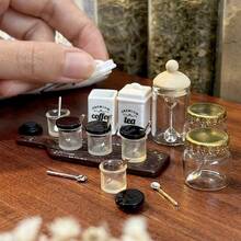 1:12 Scale Mini Seasoning Jars With Spoons And Tea Canister Model, Dollhouse Kitchen Scene Storage Jars Decor Set, Suitable For Miniature Photography And Desktop Display - one-size - View 2