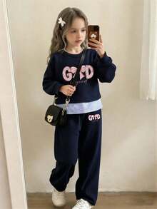 Tween Girl Butterfly Pattern Colorblock Crew Neck Long Sleeve Sweatshirt And Sweatpants Set - Royal Blue - View 1