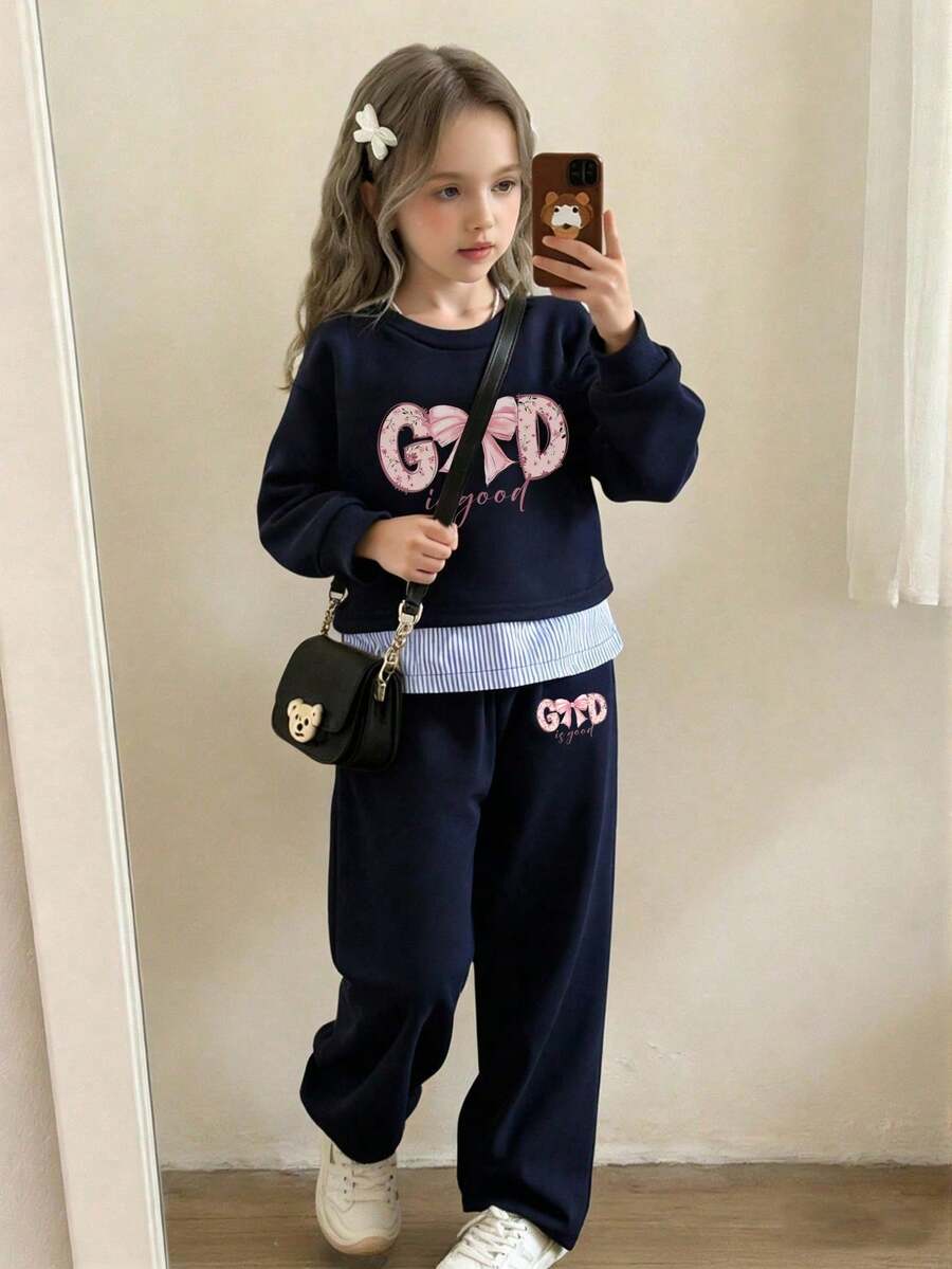 Tween Girl Butterfly Pattern Colorblock Crew Neck Long Sleeve Sweatshirt And Sweatpants Set - Royal Blue - View 1