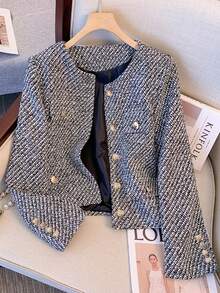 Chaqueta de lana fina y elegante con botones delanteros de YooLy, forrada, adecuada para ir al trabajo, con corte holgado - Blanco y Negro - Ver 12