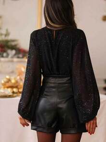 Elegant Sheer High Neck Lantern Sleeve Blouse With Subtle Glitter, Evening Style - Black - View 3