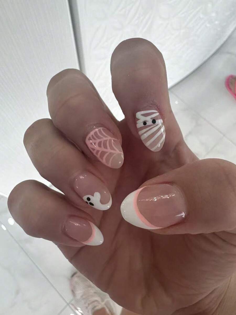 24pcs Short Round Press On Fake Nails White And Pink Short Nail Ghost And Spider Web Nails Halloween Nails - Multicolor - View 1