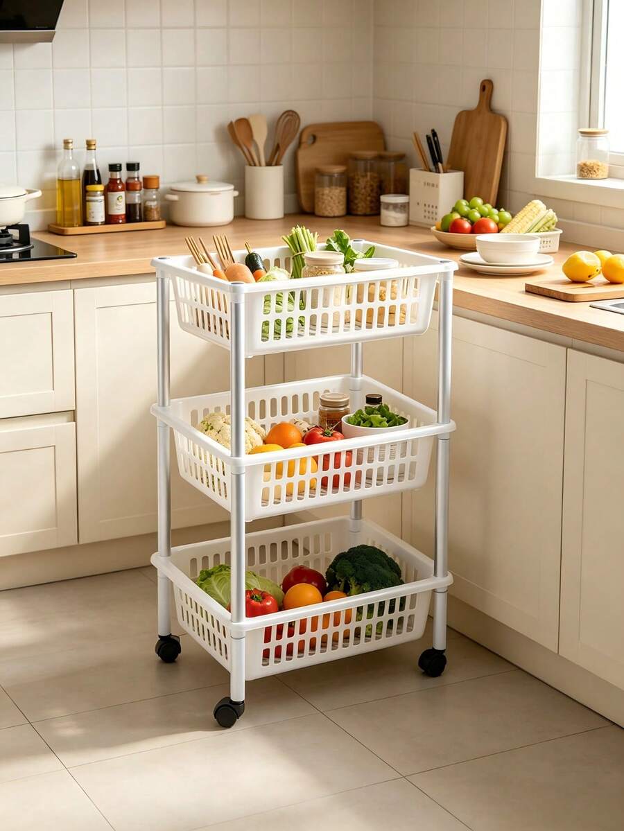 1-Piece Storage Rack, 3-Tier Rolling Utility Cart With Hollow Breathable Baskets, Equipped With Universal Wheels For Easy Movement. Sort And Store Sundries With Large Capacity To Save Space - View 1