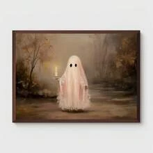 1pc Framed Canvas Wall Art, Cute Pink Ghost Holding Candle Canvas Wall Hanging, Vintage Autumn Forest Oil Painting, Dark Academia Style Halloween Atmosphere Decor, Suitable For Modern Home Decor, Room Decor, Dorm Decor, Bedroom Decor, Bathroom Decor, Kitchen Decor, Dining Room Decor, Living Room Decor, Office Decor, School Decor, Ghost Art, Gothic Halloween Poster, Halloween Decor, Halloween Home Decor, Ghost, Horror Decor - Pink Ghost - View 6