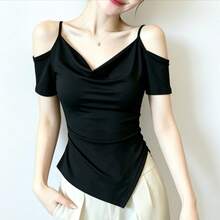 Women's Sexy Off-Shoulder Off-Shoulder Short Sleeve T-Shirt, Asymmetrical Design, Chic Unique Style, Fashionable Minimalist Casual Versatile Black Top For Summer - Black - View 2