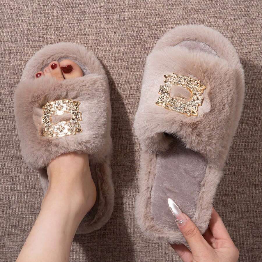 秋冬款純色毛絨女款一腳蹬鈕扣裝飾室內拖鞋,比標準尺寸小一號 - 駝色 - 查看 1