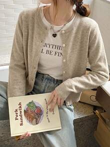 Autumn/Winter Casual Korean Sweet Style Khaki Round Neck Knit Cardigan, Short Fitted Slimming Gentle Elegant Versatile All-Match Long Sleeve Fall - Khaki - View 7