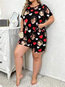 2pcs Plus Size Customized Face Photo Women's Short Sleeve Shorts Pajama Set, Personalized Heart Home Wear, Wife Gift - Multicolor - View 6