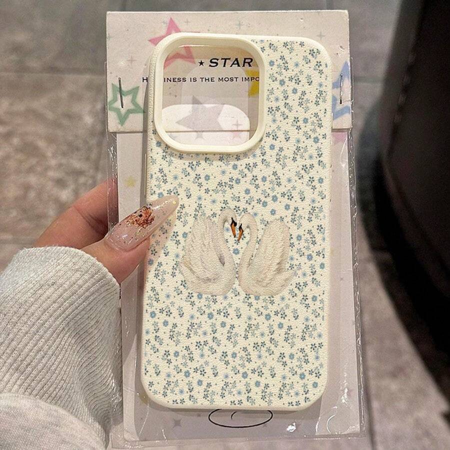1件 TPU 材質優雅米色底藍色花卉天鵝圖案手機殼，適用於 iPhone 17 Pro Max/17/16 Pro Max/15/13/12/11/S20 FE/A15/S24/A55/Note 11/Note 12/Note 13 Pro，全包防摔軟殼手機保護套 - 白色 - 查看 1