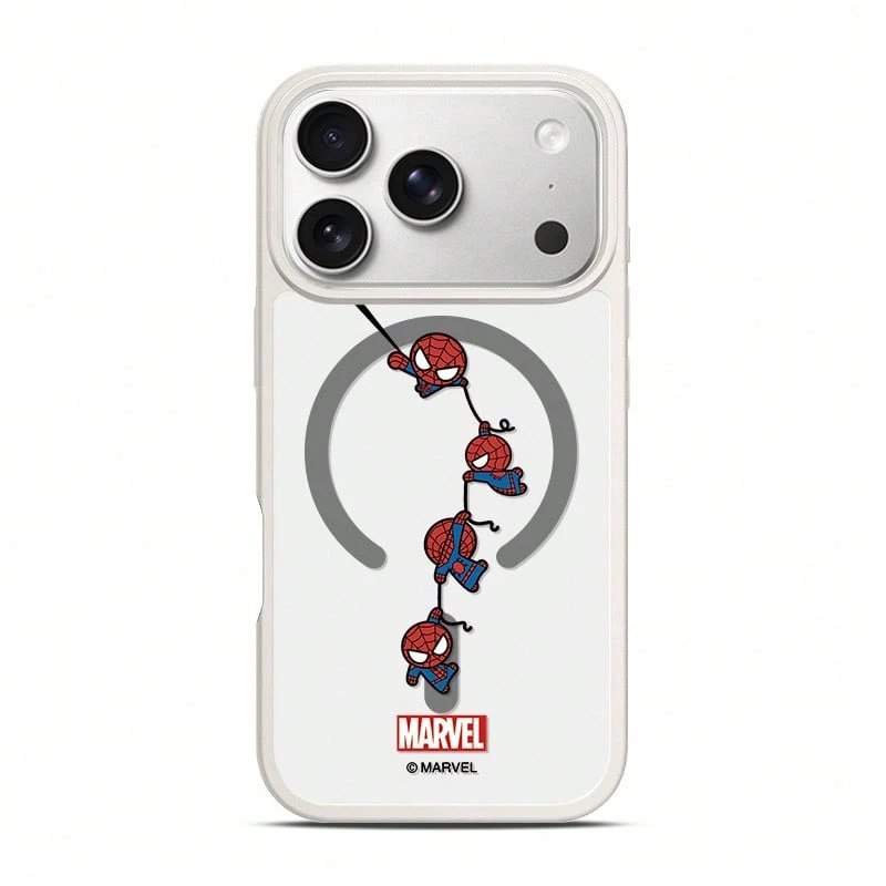 Miniso Marvel Avengers 蜘蛛人個性化蜘蛛網 MagSafe 磁吸充電手機殼，適用 iPhone 17/17 Pro Max/16/17 Pro/15/14/16 Plus/17 Air/13/15 Pro/12/15 Plus，男款防摔保護殼，相容 Apple - 白色 - 查看 1
